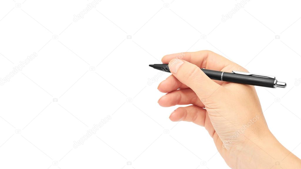 Female hands hold a pen. Isolated on white background. copy space, template