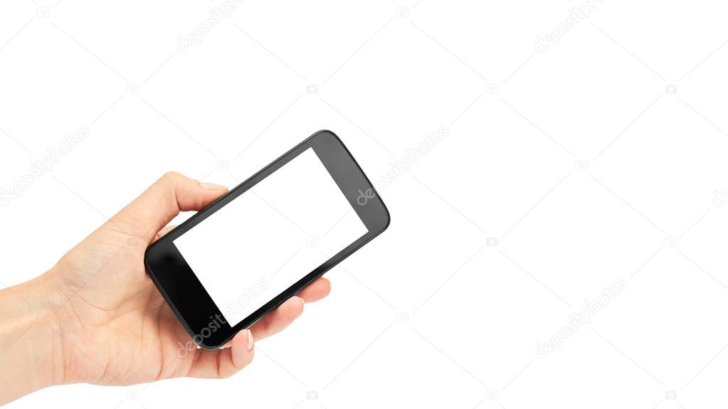 Female hands hold a cell phone, mockup template. Isolated on white background. copy space, template.