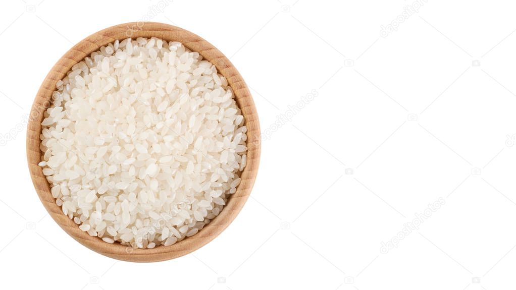 raw Jasmine rice in wooden pot isolated on white background. copy space, template