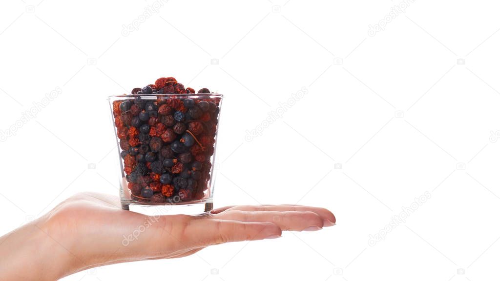 dried berries in hand isolated on white background. copy space, template