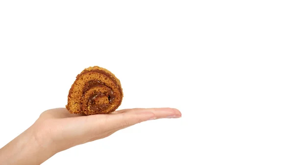 Delicioso chocolate con leche pastel de rollo suizo en la mano aislado sobre fondo blanco, postre hecho en casa. copiar espacio, plantilla — Foto de Stock