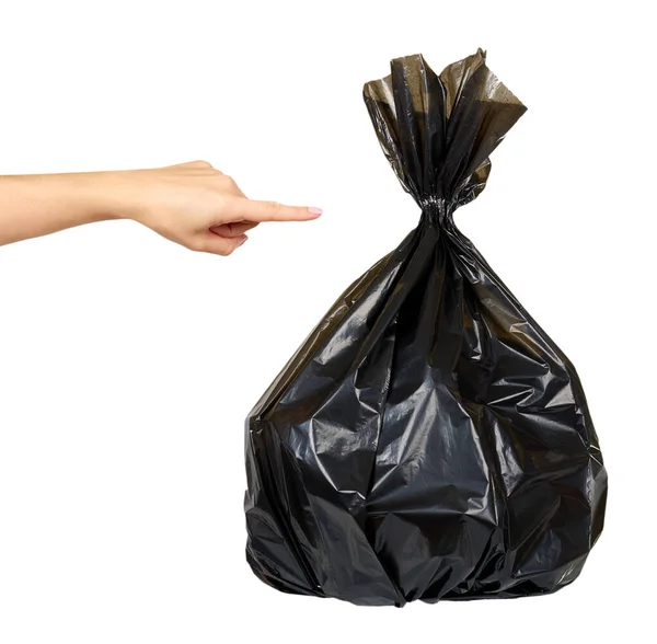 Black plastic trash bag, tied junk pack, garbage package. 