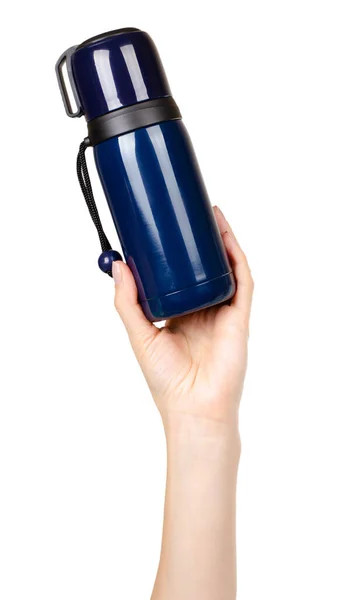 Dark blue thermos with mug. Isolated on white. — Stock Photo, Image