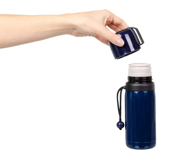 Dark blue thermos with mug. Isolated on white. — Stock Photo, Image