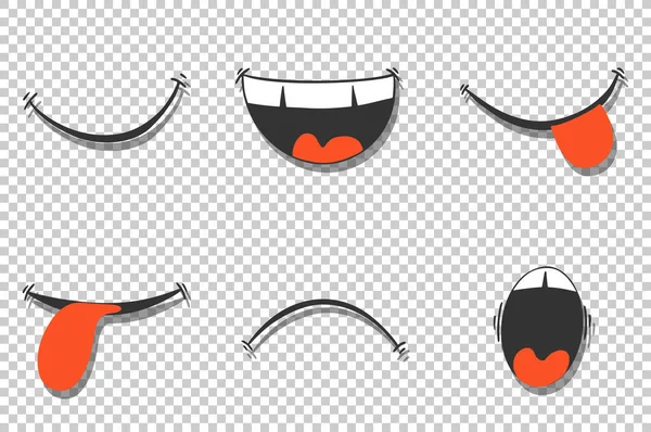 Conjunto de sorrisos diferentes. Emoções engraçadas e tristes, bonitos em estilo cartoon. Imagem vetorial . —  Vetores de Stock