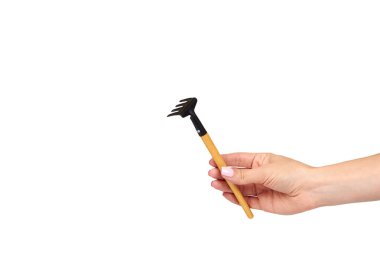 Küçük tırmık, ahşap saplı, dekoratif araç ile el.