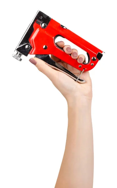 Grampeador industrial vermelho, hardware da indústria de móveis. Isolado em branco . — Fotografia de Stock