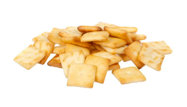 Quadratische Mini gesalzene Cracker, Snacks. isoliert auf weiß. — Stockfoto