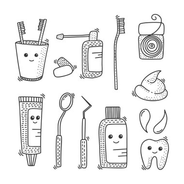 Karalama tarzında diş sağlığı vektörü konsepti. Tişörtlere ve kartpostallara el çizimi illüstrasyon.
