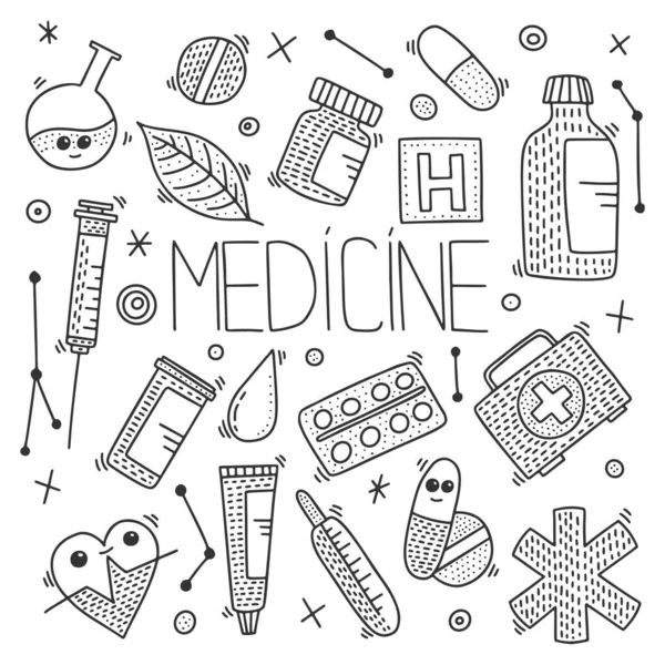 Medicina objetos vetor conceito no estilo doodle. Ilustração desenhada à mão para impressão em camisetas, cartões postais . —  Vetores de Stock