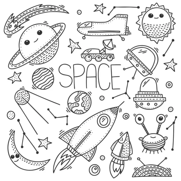 Espaço e cosmos, conceito vetorial em estilo doodle. Ilustração desenhada à mão para impressão em camisetas, cartões postais . —  Vetores de Stock