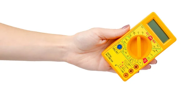 Gele plastic multimeter, elektrisch tester gereedschap. geïsoleerd op wit. — Stockfoto