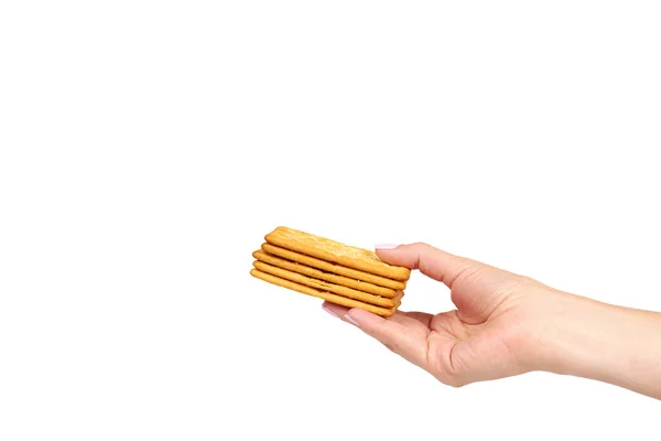 Hand with salty cracker, crispy appetizer, rectangle shape cookie. Isolated — Stock Photo, Image