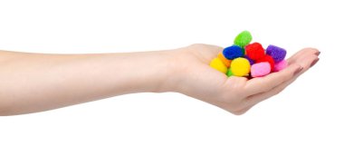 Renkli ponpon, parti ve dikiş dekorasyonu. Beyazda izole edilmiş.