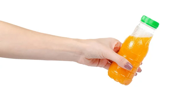 Orange juice in little plastic bottle for kids. Healthy drink. — Stock Photo, Image