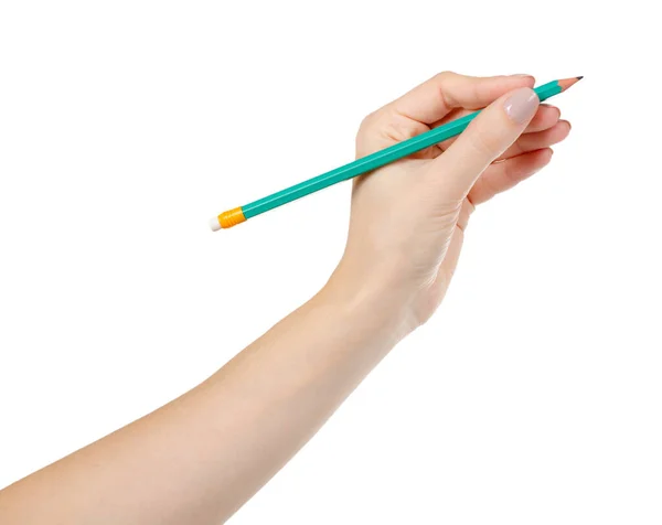 Zielony ołówek z gumką, sprzęt szkolny. Odizolowane na biało. — Zdjęcie stockowe