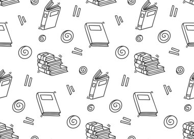 Karalama ve çizim tarzında farklı kitap ve dergi vektör konsepti. Tişörtlere ve kartpostallara el çizimi illüstrasyon. Tekstil ve kağıt ambalajı için kusursuz desen.