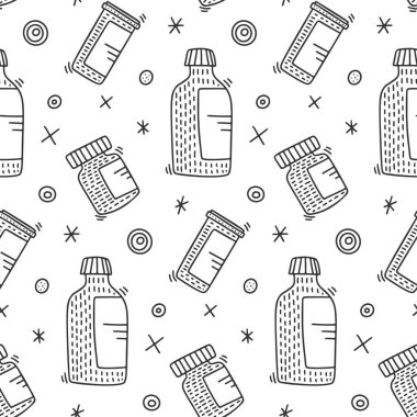 Karalama tarzında tıbbi vektör konsepti. Tişörtlere ve kartpostallara el çizimi illüstrasyon.