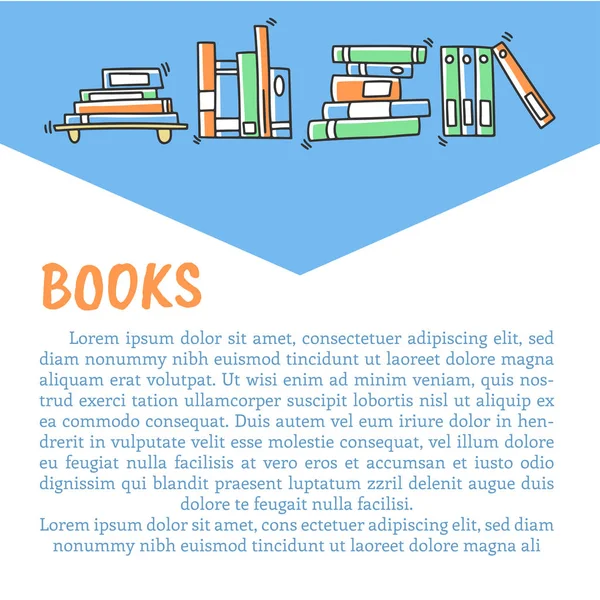 Diferentes libros y revistas banner vectorial en estilo garabato y boceto. Cartel dibujado a mano . — Vector de stock