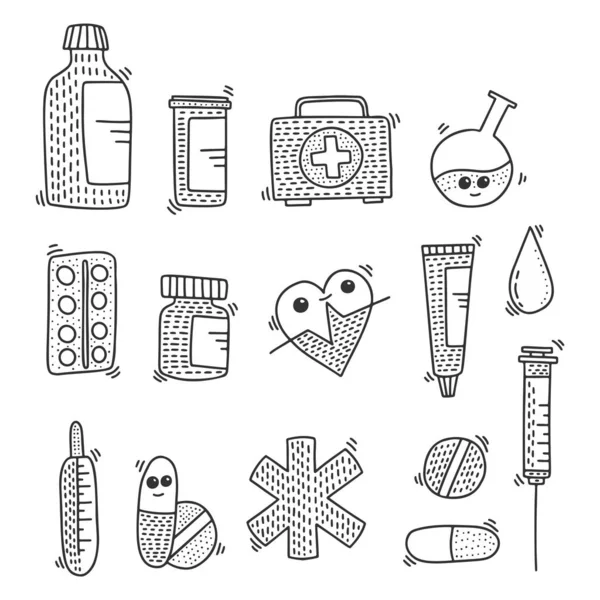 Medicina objetos vetor conceito no estilo doodle. Ilustração desenhada à mão para impressão em camisetas, cartões postais . —  Vetores de Stock