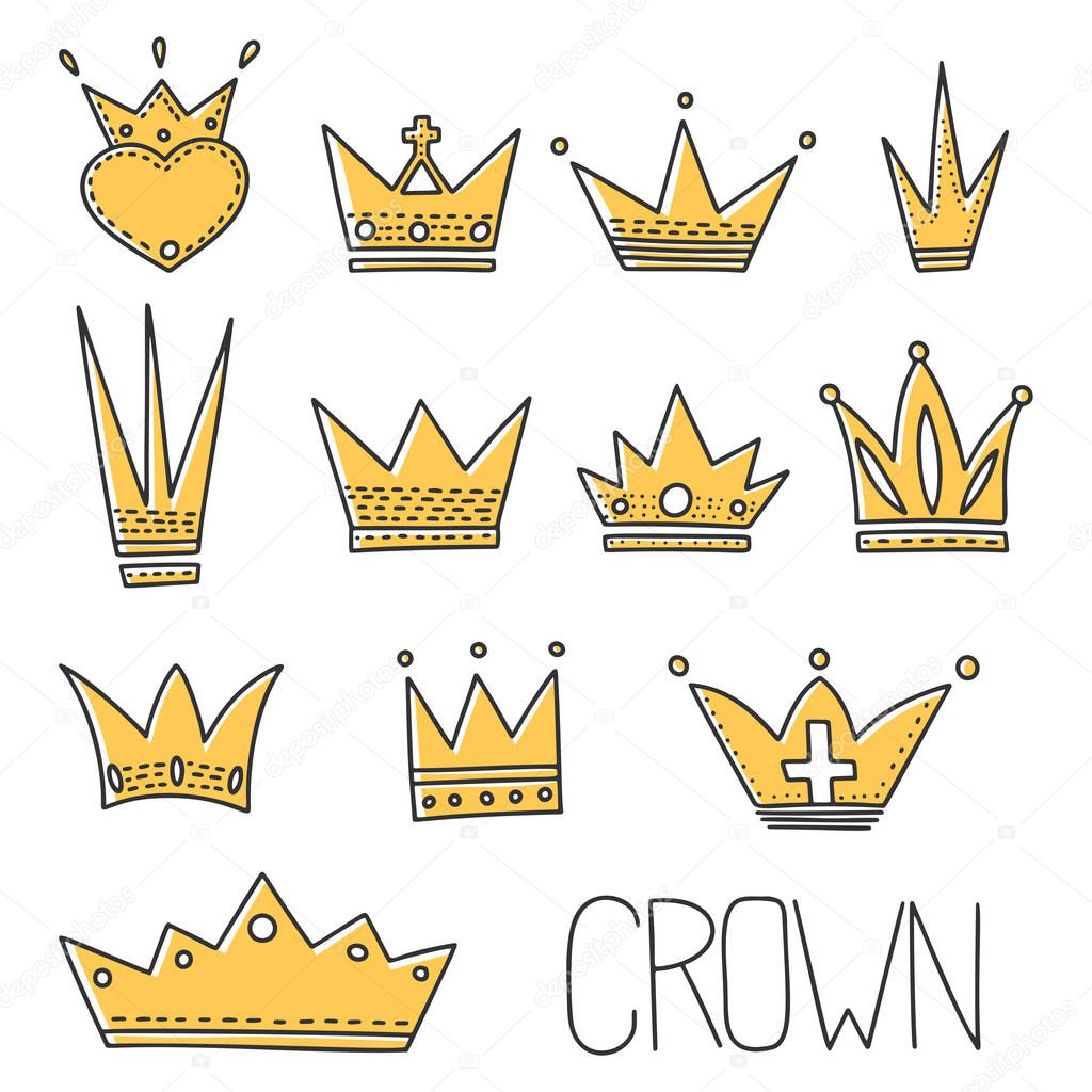 Different crowns vector concept in doodle style. Hand drawn illustration for printing on T-shirts, postcards.