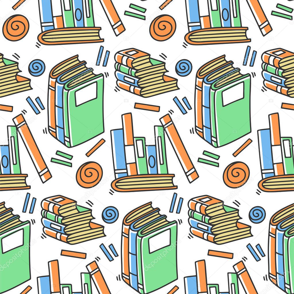 Different books and magazines vector concept in doodle and sketch style. Hand drawn illustration for printing on T-shirts, postcards. Seamless pattern for textile, paper wrap.