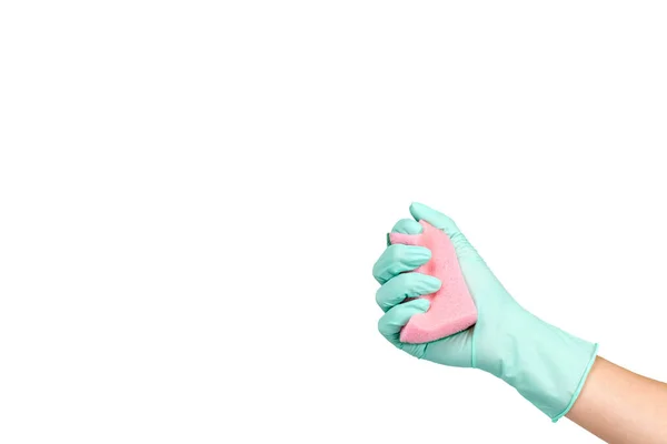 Рука с резиновой перчаткой и губкой, защитная форма, гигиенический чистящий инструмент . — стоковое фото