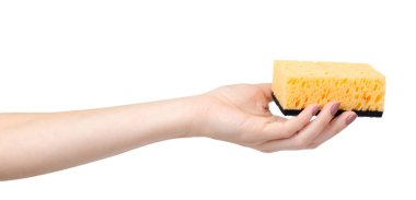 Turuncu mutfak süngeri, bulaşık takımı köpüğü. Beyazda izole edilmiş.