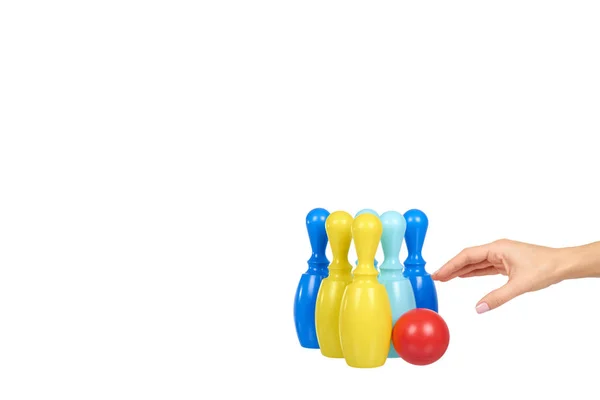 Plastic colored skittles for bowling game. Kids toy. — Stock Photo, Image