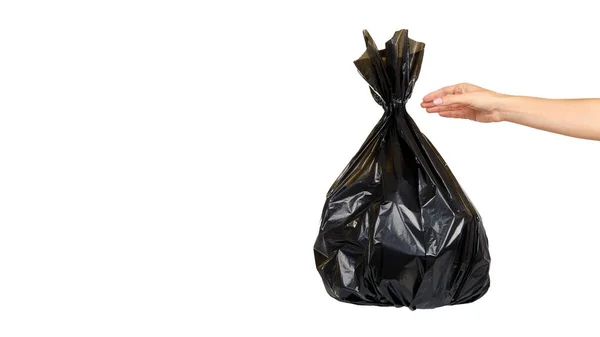 Чорний пластиковий смітник, пов'язаний сміттєвий пакет, сміттєвий пакет . — стокове фото