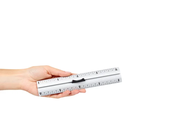 Gray metal ruler with handle. Measuring instrument. — Stock Photo, Image