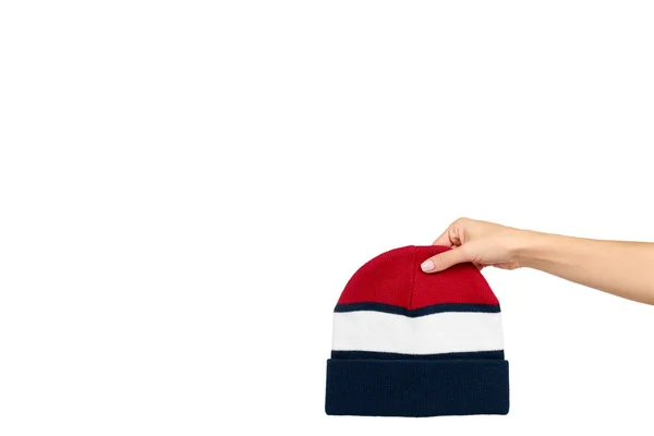 縞模様の綿の帽子。冬の季節のアパレル、スポーツウェア. — ストック写真