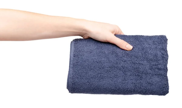Niebieski ręcznik bawełniany w dłoni. Odizolowane na biało. — Zdjęcie stockowe