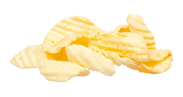 Yellow corrugated potato chips. Isolated on white. — 스톡 사진