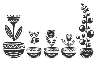 Saksılarda farklı çiçekler, beyaz arka planda izole edilmiş..