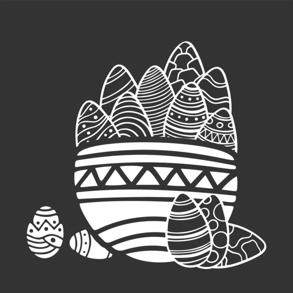 Huevos de Pascua con diferentes patrones en cesta, fondo oscuro . — Vector de stock