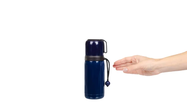Dark blue thermos with mug. Isolated on white. — Stock Photo, Image