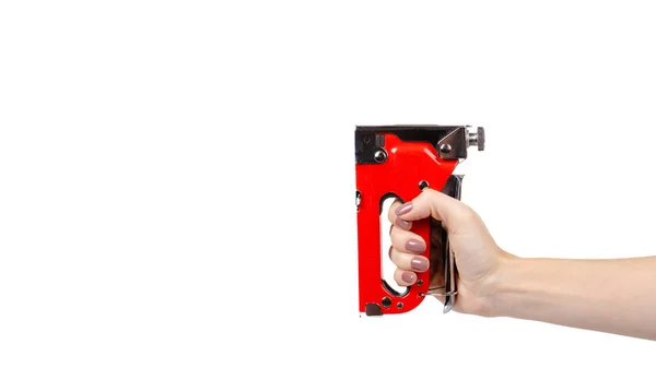 Grampeador industrial vermelho, hardware da indústria de móveis. Isolado em branco . — Fotografia de Stock