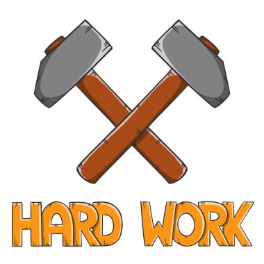 Steel crossed hammers with lettering Hard Work, forge workshop. Cartoon style vector.