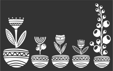Different flowers in pots on dark background. Vector image.