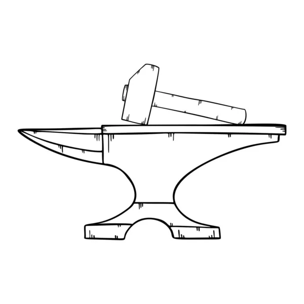 Yunque de acero con martillo, taller de forja. Línea de arte estilo vector . — Archivo Imágenes Vectoriales