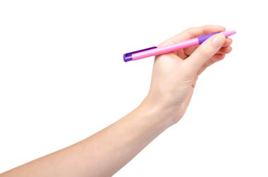 Hand with colored pens, school or office accessories. Isolated on white background.