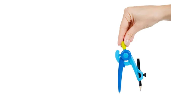 Mano Con Bussola Plastica Blu Bambini Fornitura Scolastica Isolato Sfondo — Foto Stock