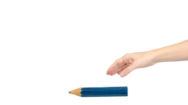 Hand Big Blue Pencil Fun Wooden School Supplies Isolated White — Stock Photo, Image