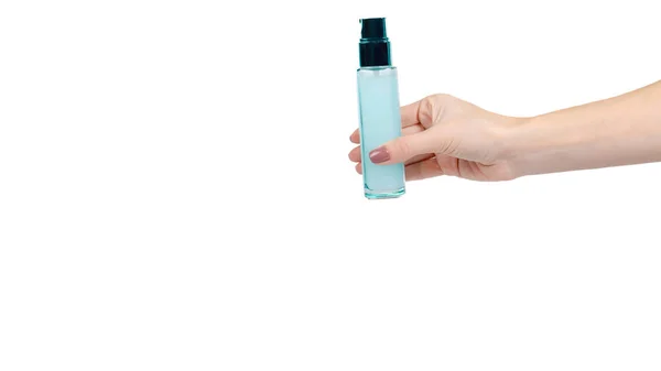 Mano Con Crema Facial Frasco Vidrio Con Disipador Contenedor Azul —  Fotos de Stock