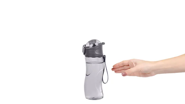 Hand Gray Sport Water Bottle Drinking Equipment Isolated White Background — Stok fotoğraf
