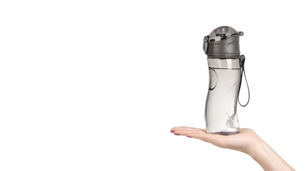 Hand Gray Sport Water Bottle Drinking Equipment Isolated White Background — 스톡 사진