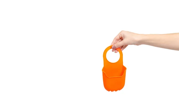 Hand Kitchen Sponge Hanger Orange Silicone Utensil Isolated White Background — ストック写真