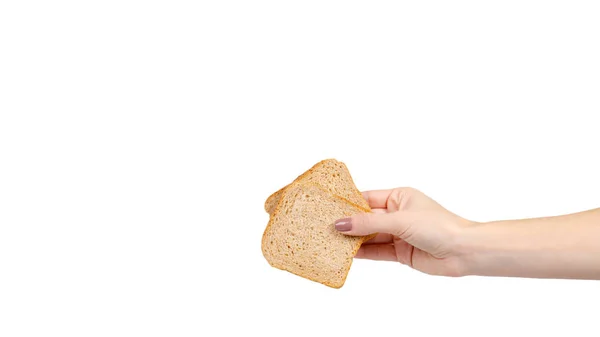 Hand Mit Einer Scheibe Vollkornbrot Gesunde Ernährung Isoliert Auf Weißem — Stockfoto