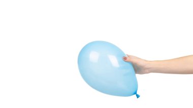 Hand with inflatable air balloon, party and festival decoration, fun and happy. Isolated on white background. Copy space, template.